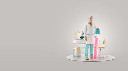 Scientist with vaccine standing in laboratory. Biochemistry, pharmaceuticals and health care concept. Unusual 3d illustrationの写真素材