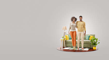 3d illustration of a Happy african american family enjoying a new home. Happy family concept.の写真素材
