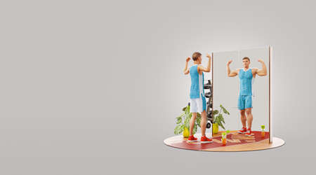 Young skinny man looking in the mirror and imagining herself as muscular bodybuilder. Motivation sports concept. Unusual 3d illustrationの写真素材