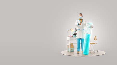 Young scientist with vaccine showing thumb up while standing in laboratory. Biochemistry, pharmaceuticals and health care concept. Unusual 3d illustrationの写真素材