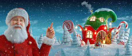 Santa Claus pointing at blank space. Amazing fairy house in shape of elfs hat decorated at christmas in magical forest. Unusual christmas 3d illustration. Merry Christmas and a Happy new year conceptの写真素材