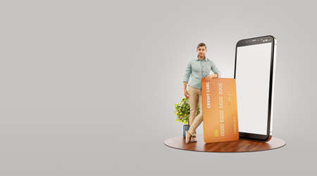 Payment online concept. 3d illustration of a smiling young man with credit card at his home. Smartphone applicationの写真素材