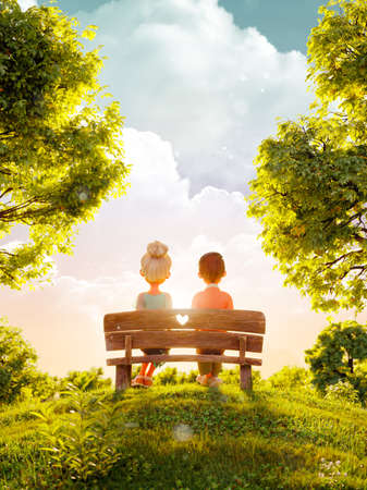 Unusual 3d illustration of a couple in love sitting on bench in park at sunset. Valentines day greeting. Flyer, invitation, banner.の写真素材