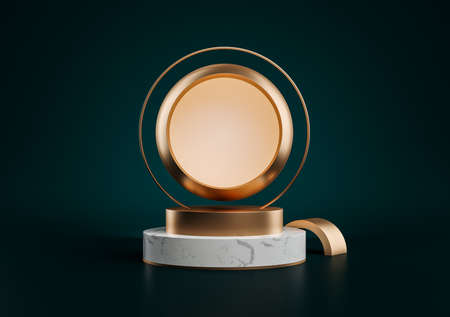 3d illustration of white marble pedestal isolated on black background, round gold frame, memorial board, golden sphere, abstract minimal concept, blank space, clean design, luxury minimalist mockupの写真素材