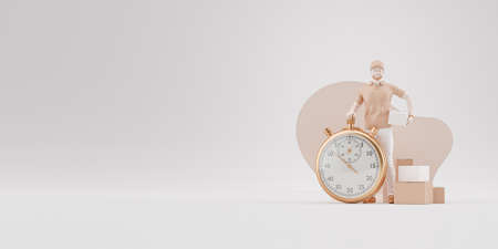 Unusual 3d illustration of Delivery man with stopwatch timer holding cardboard box. Delivery and post concept. Online shopping and Express delivery. Minimal luxury gold and white concept.の写真素材