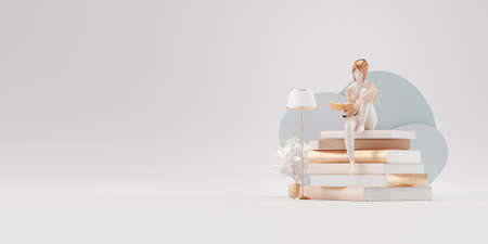 Unusual 3d illustration of a young pretty female reads sitting on a stack of books. Reading and education concept. Minimal luxury gold and white concept.の写真素材