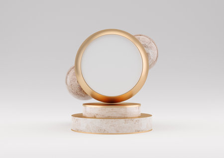 3d illustration of white marble pedestal isolated on white background. round gold frame.の写真素材