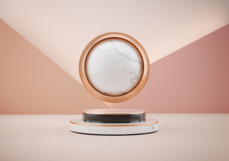 3d illustration of white marble pedestal isolated on beige background. round gold frame luxury minimalist mockup.の写真素材