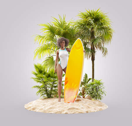 Unusual 3d illustration of a beautiful slender black woman with surfboard on a tropical island at the ocean. Summertime. Traveling and vacation conceptの写真素材