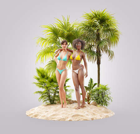 Unusual 3d illustration of beautiful slender women on a tropical island at the ocean. Summertime. Traveling and vacation conceptの写真素材