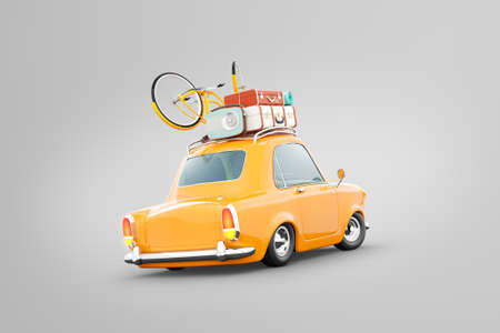 Funny retro car with laggage, suitcases and bicycle on the top. Unusual summer travel 3d illustration. Summer vacation conceptの写真素材