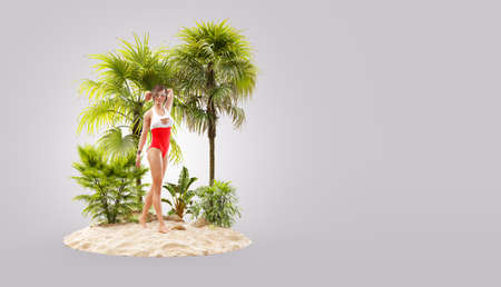 Unusual 3d illustration of a beautiful slender female on a tropical island at the ocean. Summertime. Traveling and vacation conceptの写真素材