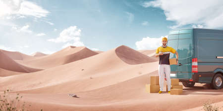 Unusual Design Concept. 3d Illustration of a Deliveryman Holding Cardboard Box in Hand Standing At Van in the Middle of the Desert at Sunny Day. Worldwide Shipping. Delivery Logistics Concept.の写真素材