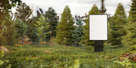 Unusual Design Concept. 3d Illustration of an Empty Billboard Standing in the Middle of the Wild Forest. Street Light Box Display Mockup. Commercial Advertizing Concept.の写真素材
