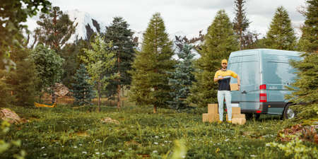 Unusual Design Concept. 3d Illustration of a Deliveryman Holding Cardboard Box in Hand Standing At Van in the Middle of the Wild Forest. Worldwide Shipping. Delivery Logistics Concept.の写真素材