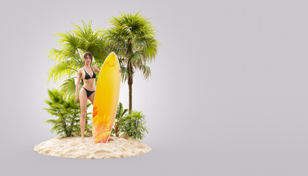 Unusual 3d illustration of a beautiful slender female with surfboard on a tropical island at the ocean. Summertime. Traveling and vacation conceptの写真素材
