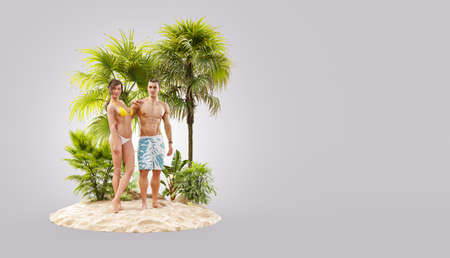 Unusual 3d illustration of a beautiful couple resting on a tropical island at the ocean. Summertime. Traveling and vacation conceptの写真素材