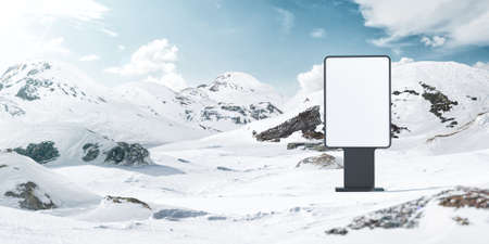 Unusual Design Concept. 3d Illustration of an Empty Billboard Standing in the Middle of Snowy Mountains at Sunny Day. Street Light Box Display Mockup. Commercial Advertising Concept.の写真素材