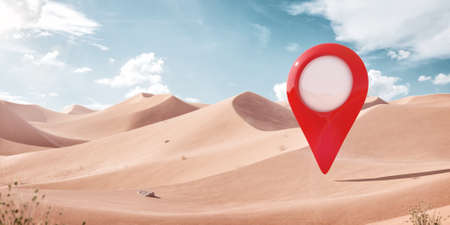 Unusual Design Concept. Surreal 3d Illustration of a Big Red Pointer in the Middle of the Desert. Commercial Advertizing Concept. Worldwide Destinationの写真素材