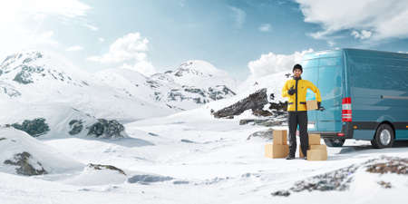 Unusual Design Concept. 3d Illustration of a Deliveryman Holding Cardboard Box in Hand Standing At Van in the Middle of Snowy Mountains at Sunny Day. Worldwide Shipping. Delivery Logistics Concept.の写真素材