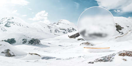 Unusual Design Concept. 3d Illustration of an Blank Frosty Glass in the Middle of Snowy Mountains. Abstract Minimal Concept Mockup. Commercial Advertizing Concept.の写真素材