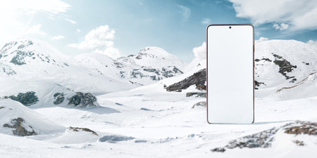 Unusual Design Concept. 3d Illustration of aBig Smartphone With White Screen in the Middle of Snowy Mountains. Minimal Smartphone Mockup. Commercial Advertizing Concept.の写真素材