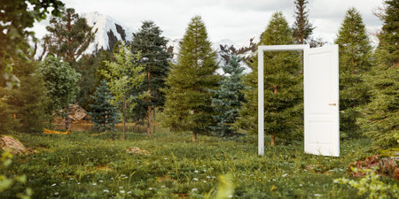 Unusual Design Concept. Surreal 3d Illustration of a Opened White Door in the Middle of Wild Forest. Travel and Advertizing Concept.の写真素材