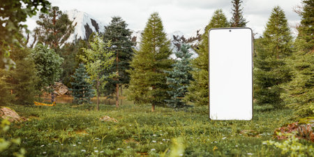 Unusual Design Concept. 3d Illustration of Big Smartphone With White Screen in the Middle of Wild Forest. Minimal Smartphone Mockup. Commercial Advertizing Concept.の写真素材