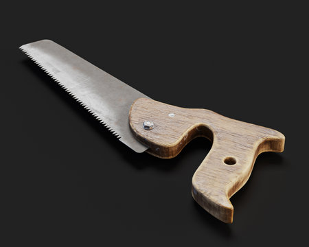 Vintage Saw With Wooden Handle. Close-up 3D Render Of Old Saw.の写真素材