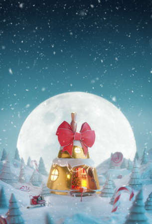 Cute cozy dreamlike house decorated at christmas in shape of christmas bell with red ribbon and christmas lights in magical forest at night. Unusual christmas 3d illustration greeting card.の写真素材