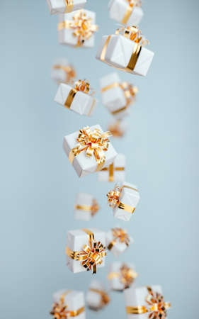 The flow of gift boxes on black background. Concept 3d illustration for greeting card, poster or banner. Merry christmas and happy new year. Beautiful abstract Christmas background.の写真素材