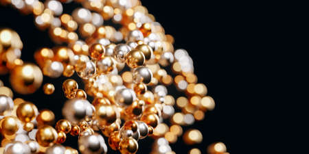 The flow of golden spheres on black background. Concept 3d illustration for postcard, greeting card, poster, or banner. Beautiful abstract background.の写真素材