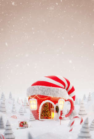 Unusual christmas 3d illustration greeting card. Cute cozy dreamlike Christmas decorated house in shape of tea cup with opened door and fireplace inside in magical forest.の写真素材