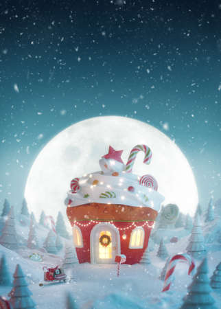 Cute cozy dreamlike house in shape of Christmas gingerbread muffin with sweets on top decorated of Christmas lights at Christmas night. Unusual Christmas 3d illustration greeting card.の写真素材