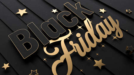 Black friday background. Black paper and golden text 3d illustration. Super friday sale logo for banner, web, header and flyer, design. Christmas and new year shopping.の写真素材