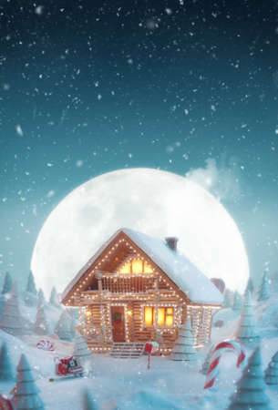 Cute cozy dreamlike Decorated log house decorated at christmas of christmas lights in magical forest at Christmas night. Unusual christmas 3d illustration greeting cardの写真素材