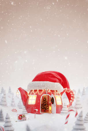 Unusual christmas 3d illustration greeting card. Cute cozy dreamlike house in red elfs hat decorated at christmas in shape of teapot with opened door and fireplace insideの写真素材