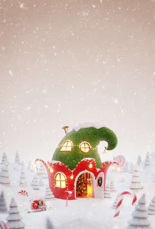 Unusual christmas 3d illustration greeting card. Cute cozy dreamlike house decorated at christmas in shape of elfs hat with opened door and fireplace inside in magical forest.の写真素材