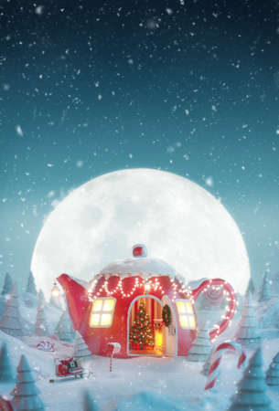 Cute cozy dreamlike house decorated at christmas in shape of teapot with christmas interior inside in magical forest with spurces and candy canes at night. Unusual christmas 3d illustrationの写真素材