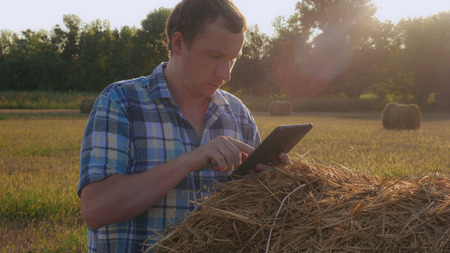 Agronomist measures a haystack. Adult caucasian man using digital tablet entering data.の写真素材