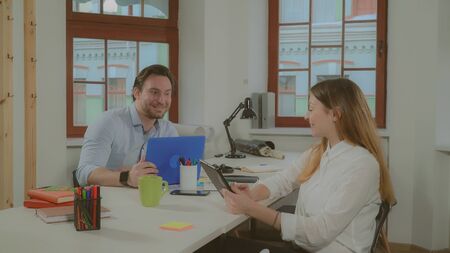 Partners celebrating good news. Happy businessman looking on screen computer reading mail....