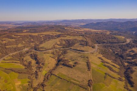 Aerial Drone Foto View Carpathian mountains in autumn, fields and forest