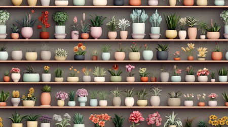endless shelves with house flowers, Generative AI pattern. High quality photoの素材