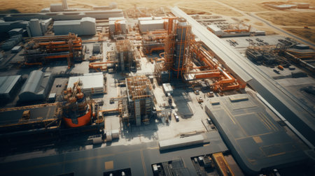 A flight over a manufacturing plant, displaying the assembly lines, storage areas, and distribution sections.の素材