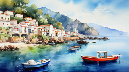 A picturesque, quaint fishing village along the coast. landscape watercolorの素材