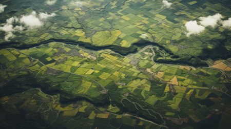 A high-altitude view of farmlands, illustrating crop rotation patterns and farming techniques.の素材