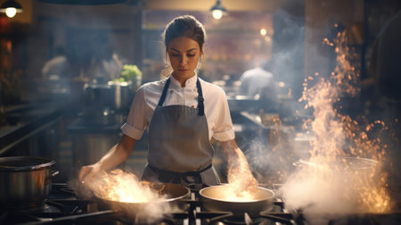 Female chef cooking on a stove, using a frying pan, busy kitchen atmosphere with food ingredients visibleの素材