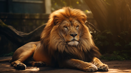 Close-up of a majestic lion resting in its enclosure at the zoo, showcasing wildlife in captivityの素材