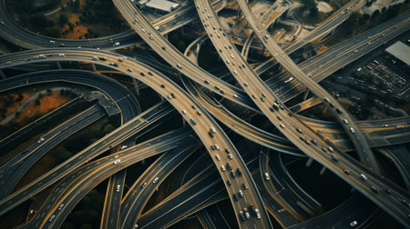 Top-down perspectives of an intricate stack interchange, emphasizing the levels and connectivity of roadways.の素材