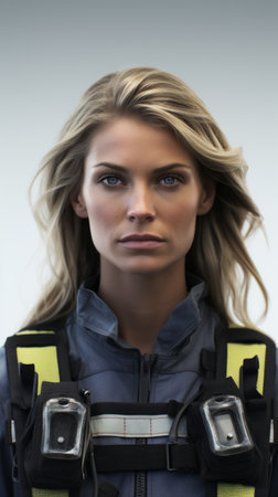 Middle-aged female firefighter in uniform, slight smile, holding helmet, standing tall against a white backgroundの素材